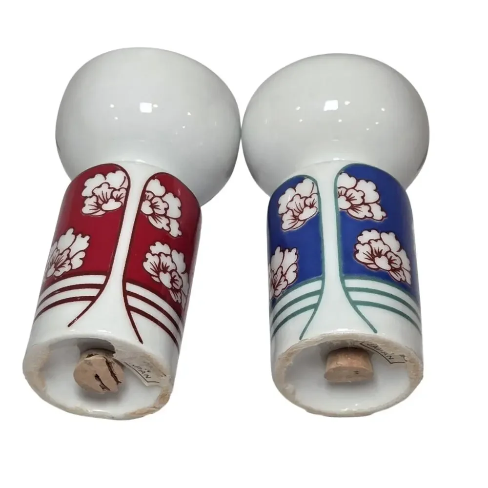 Vintage Japan Kokeshi Doll Salt Pepper Shakers Red Blue Floral Kimono Porcelain